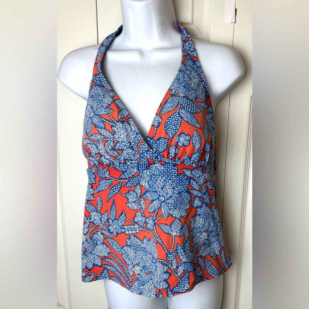 LANDS END Halter Tankini Swimsuit Swimwear Orange Coral Blue White Floral Bra